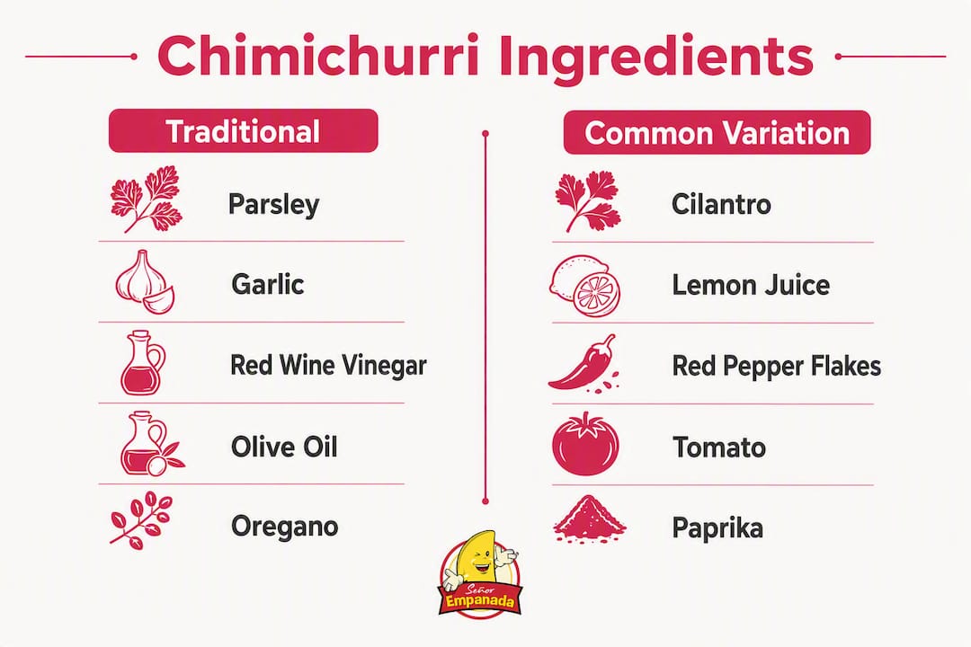 Infographic comparing traditional vs common chimichurri ingredients