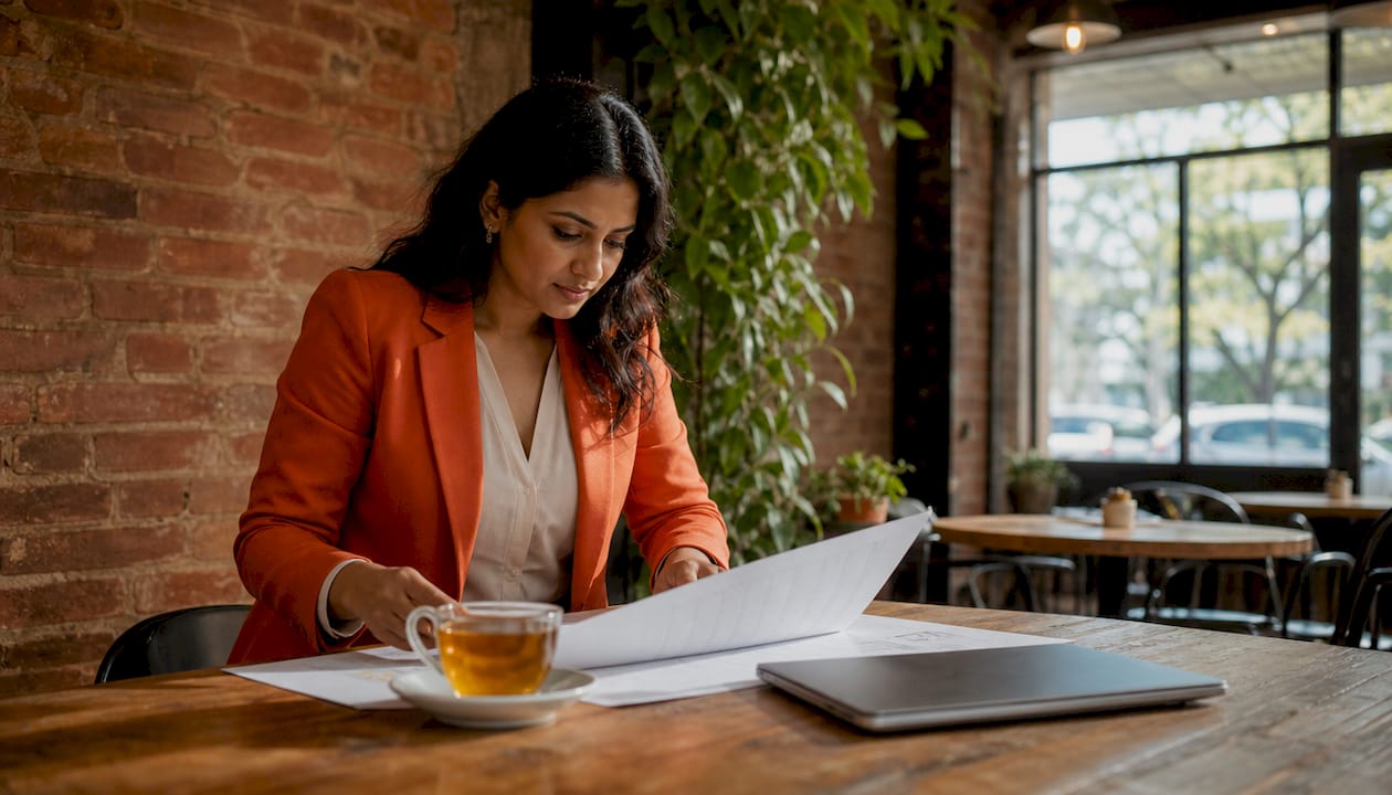 Woman reviewing RFP response document at desk