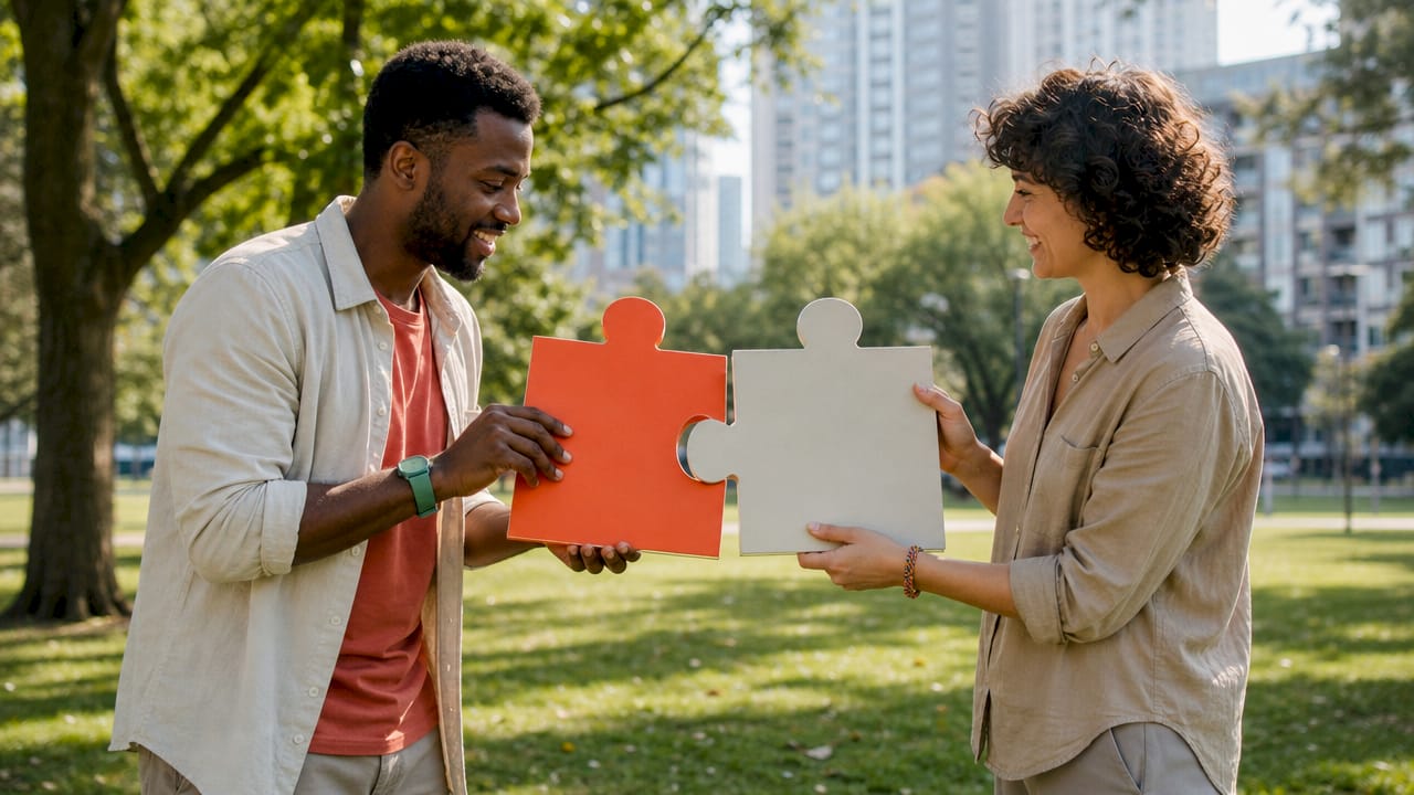 Close-up of hands connecting puzzle pieces representing integration