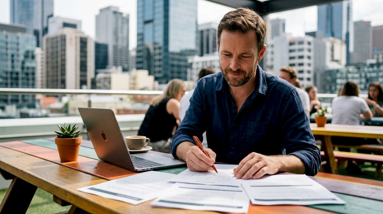 Man reviewing printed RFP documents at office table