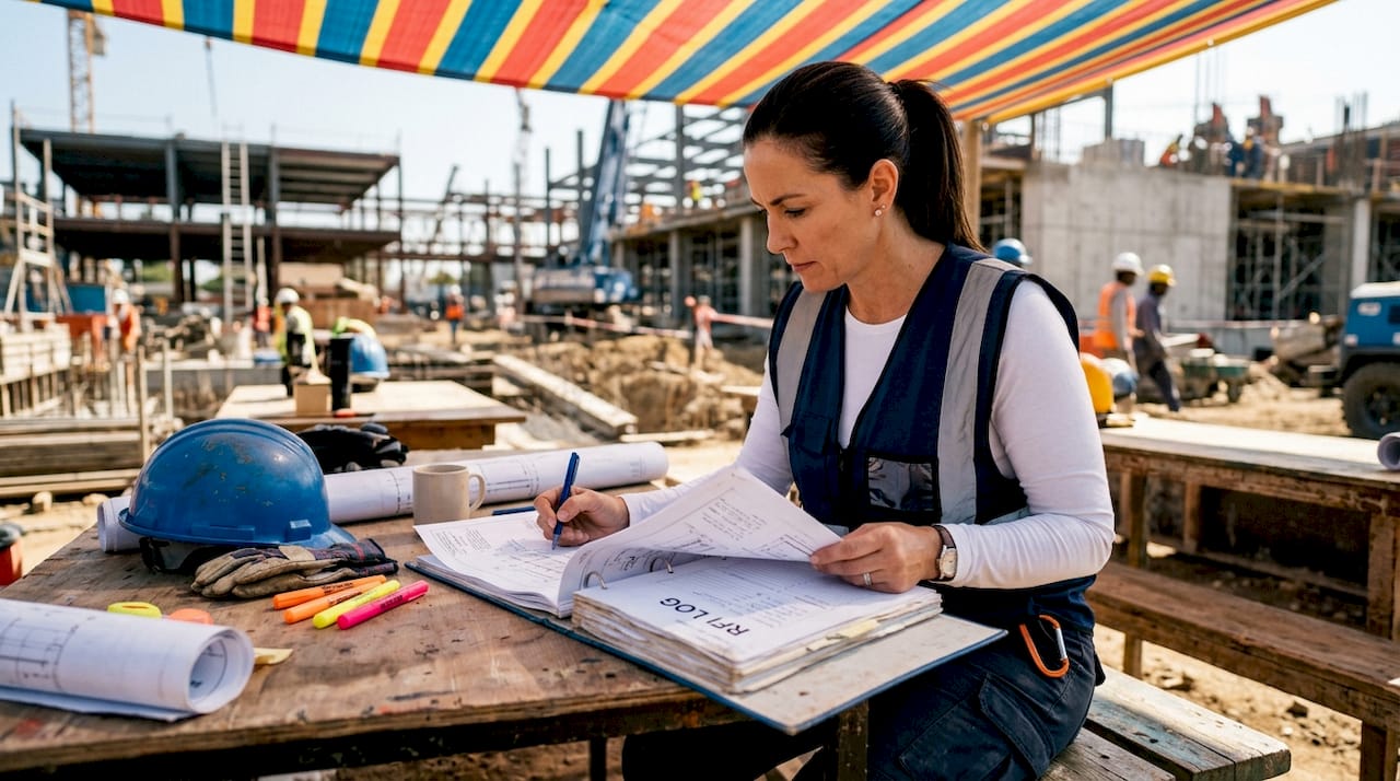 Project manager reviewing RFIs at construction trailer desk