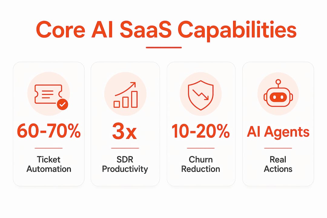 Infographic showing AI SaaS capabilities and business impacts