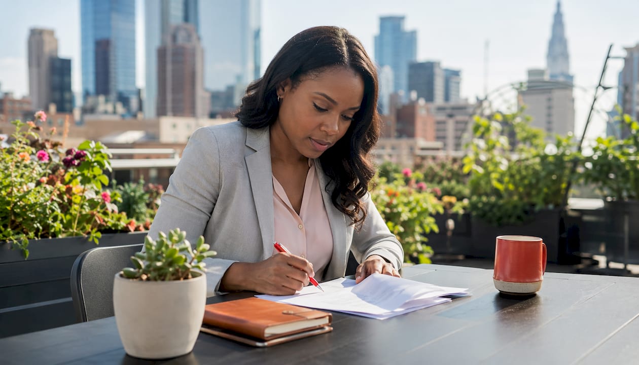 Business proposal assistant reviewing documents at desk