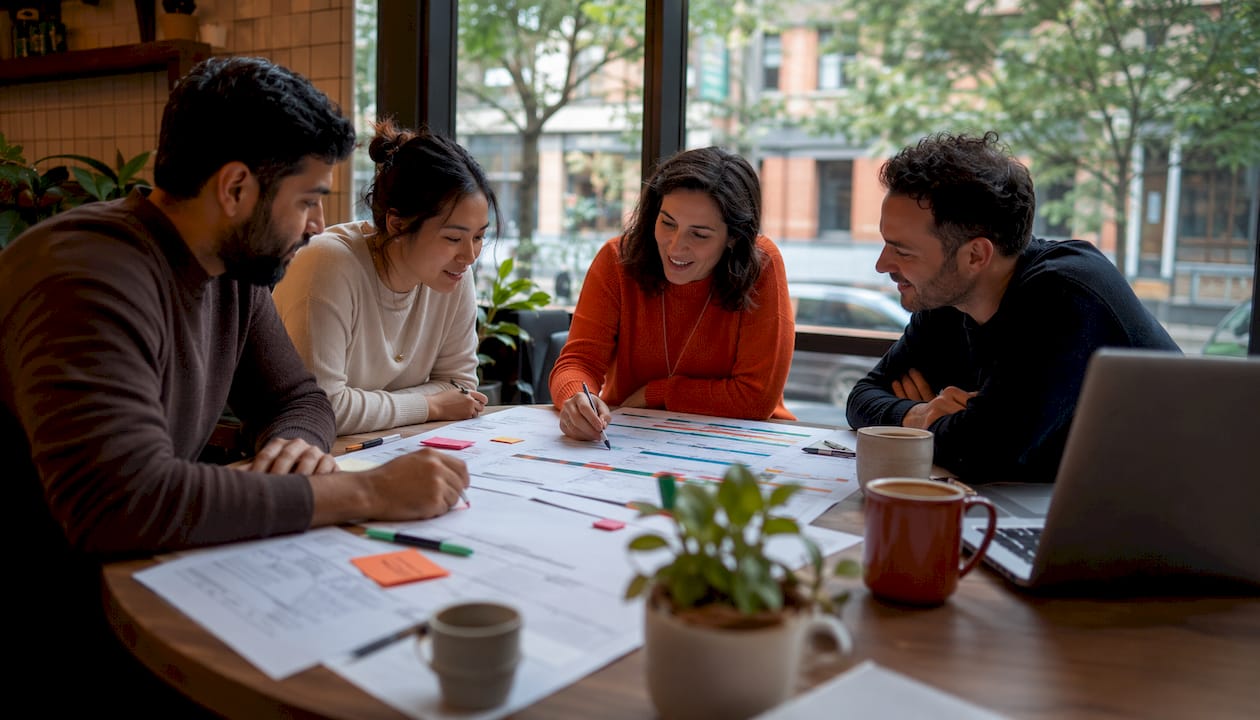 Team collaborating on RFP documents in office