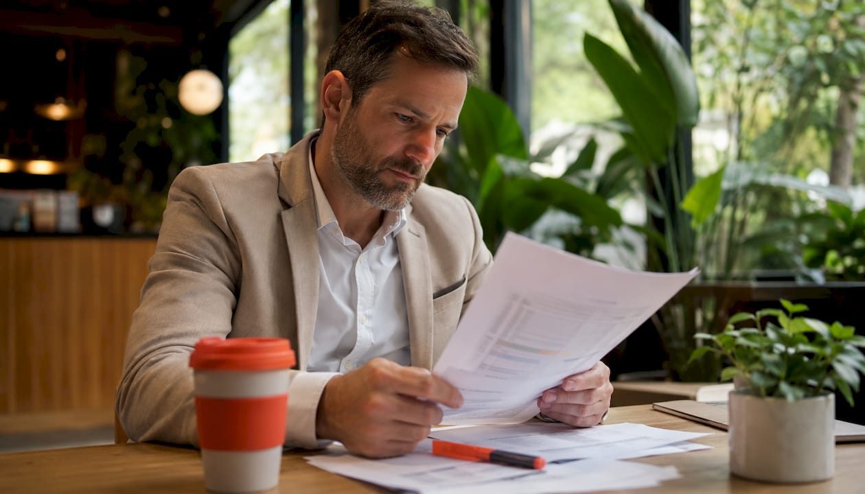 Evaluator reading a printed bid proposal at desk
