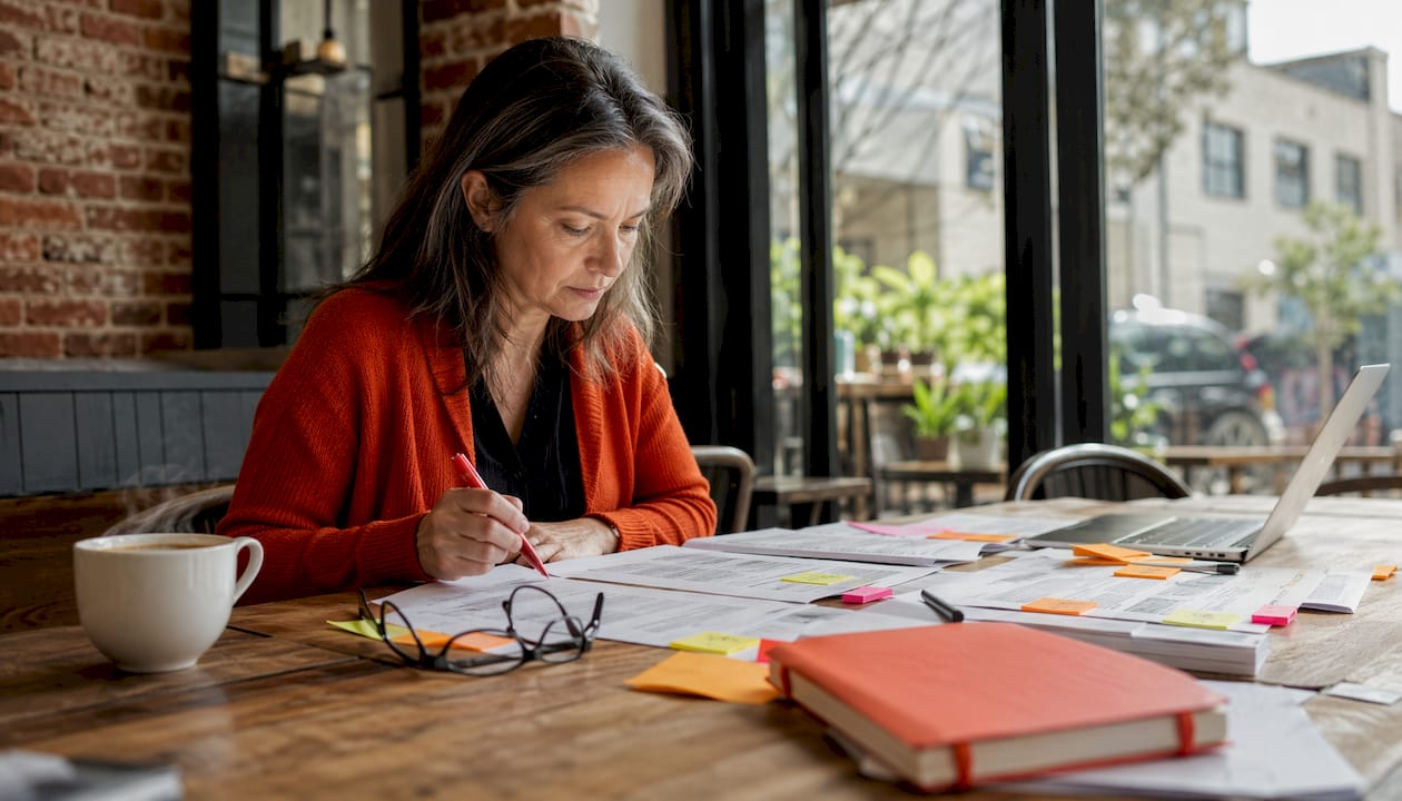Woman independently reviewing printed proposal documents