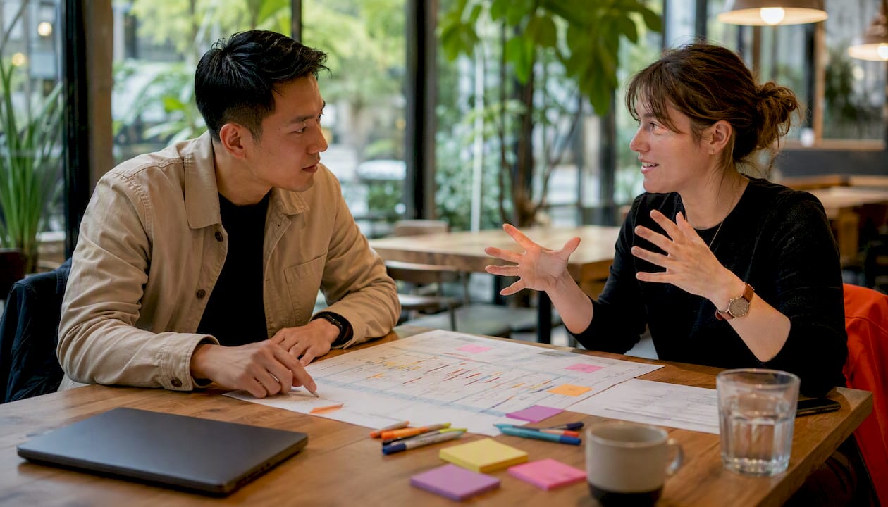 Two team members discussing project workspace