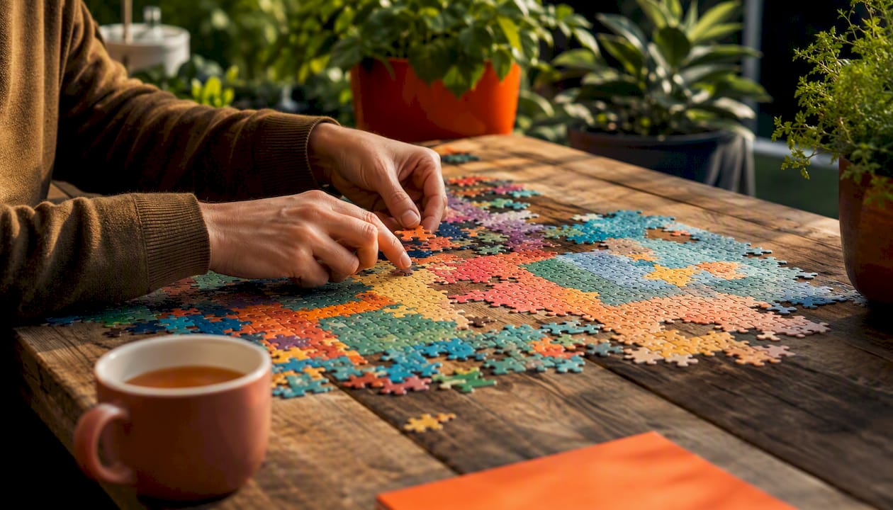 Hands assembling collaborative puzzle on workspace