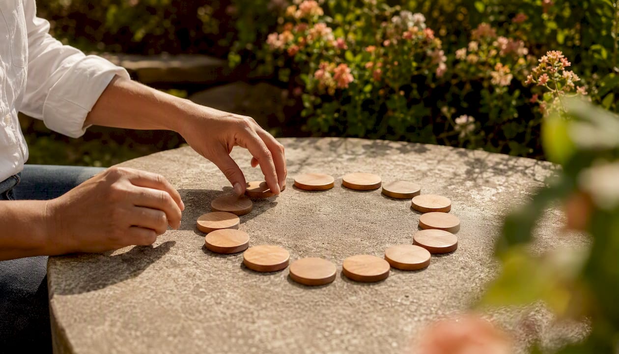 Hands arranging wooden tokens in team ritual