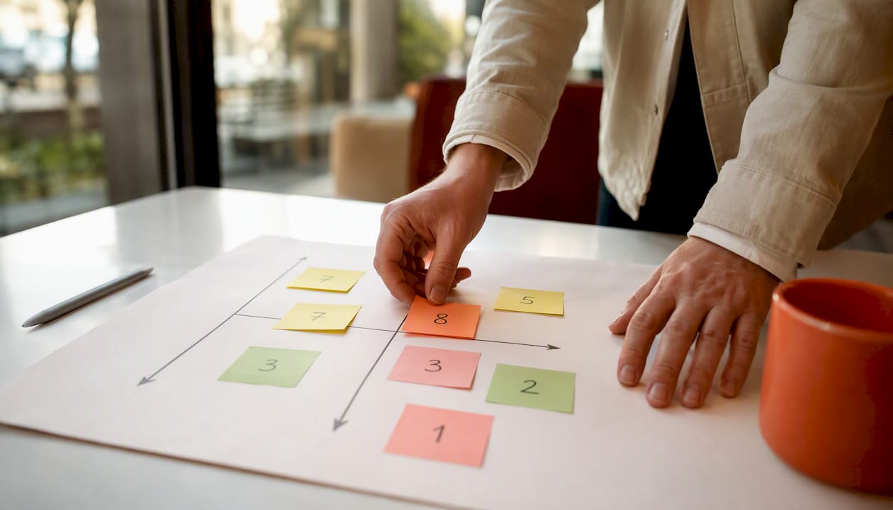Hands placing feedback score notes on prioritization matrix