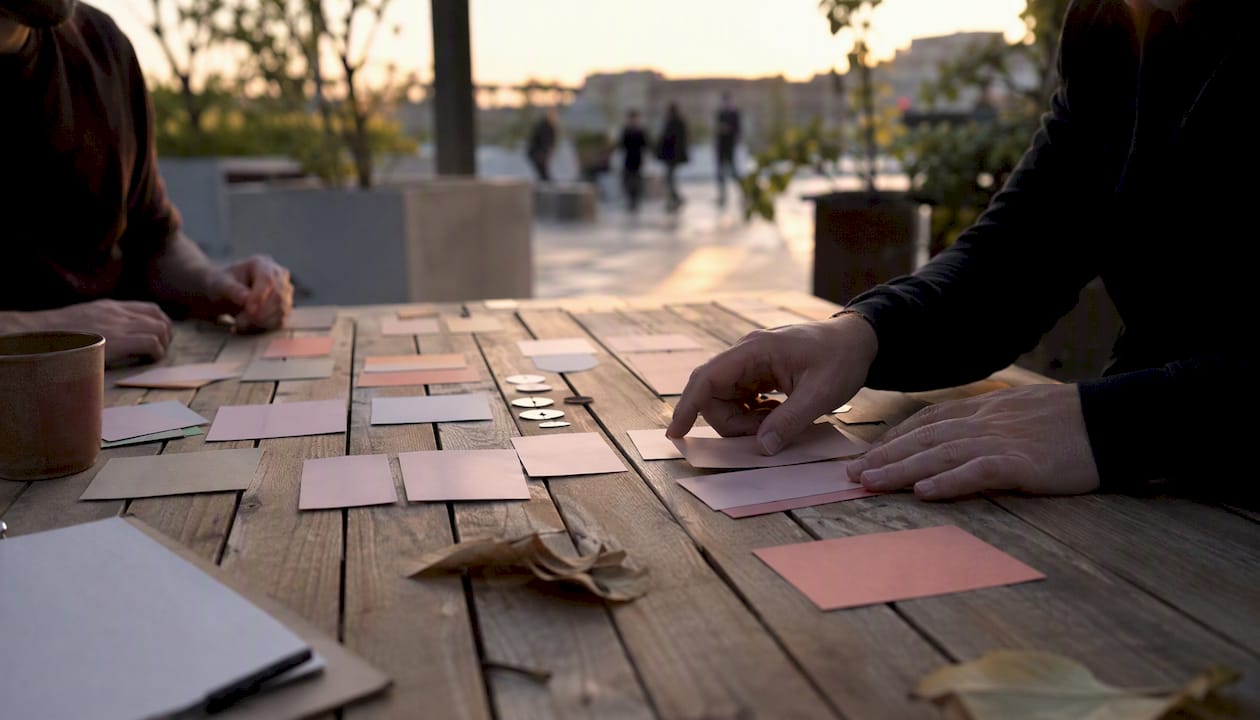 Hands arranging project planning cards on table