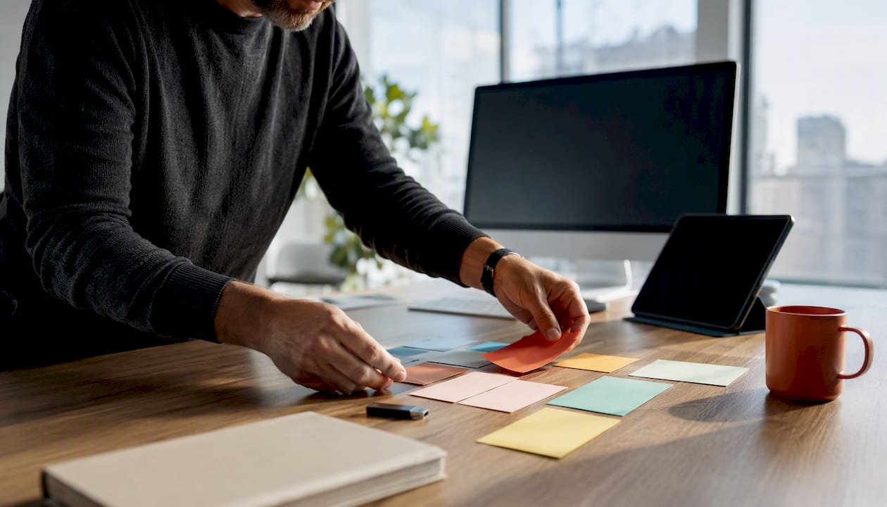 Hands arranging CSV data files on desk