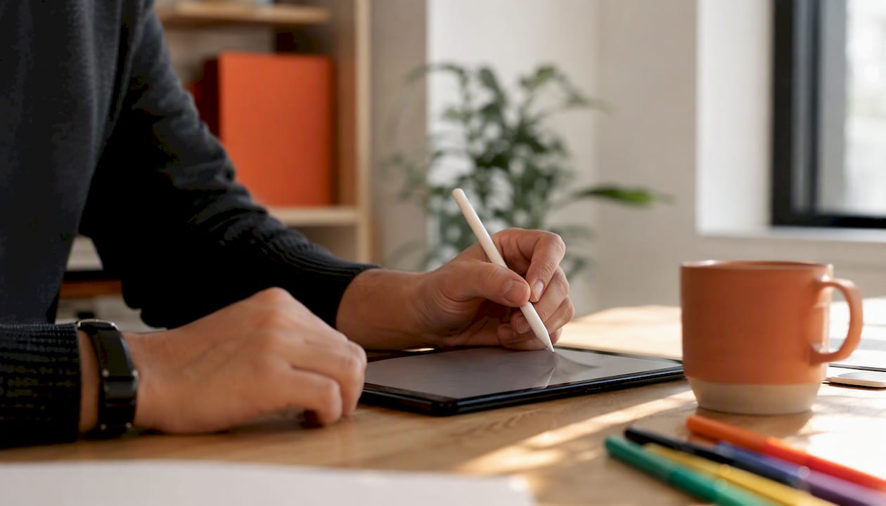 Hands writing acceptance criteria on tablet