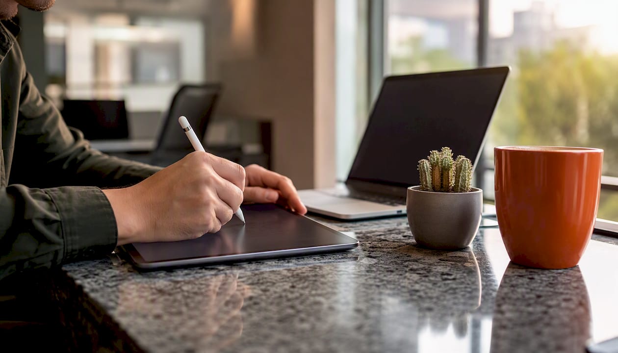 Hands writing survey questions on a tablet