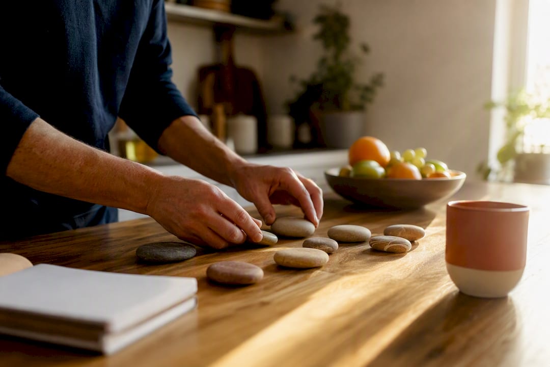 Hands arranging governance model tokens on table