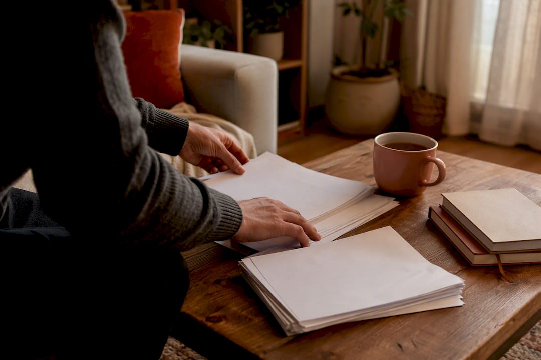 Hands arranging CSV printouts on desk