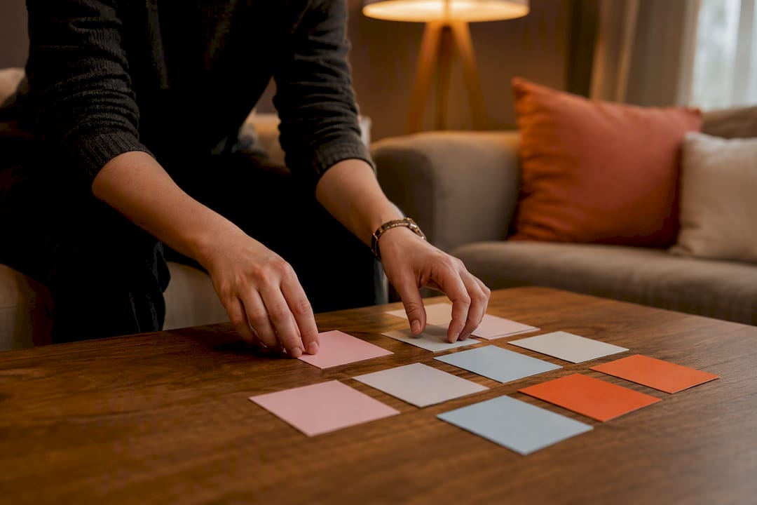 Hands arranging role assignment cards