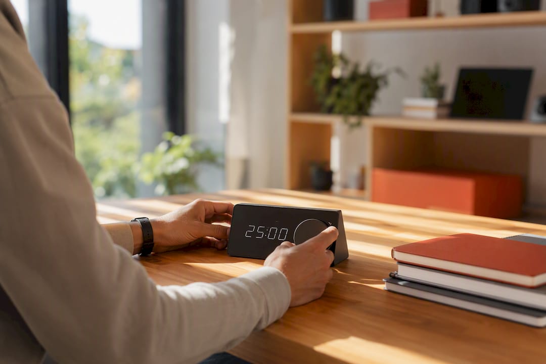 Hands setting a timer on desk
