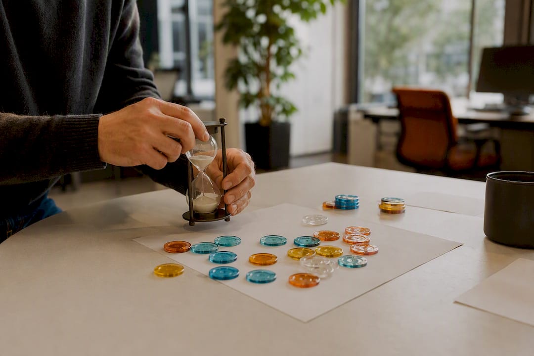 Hands setting timer next to planning tokens