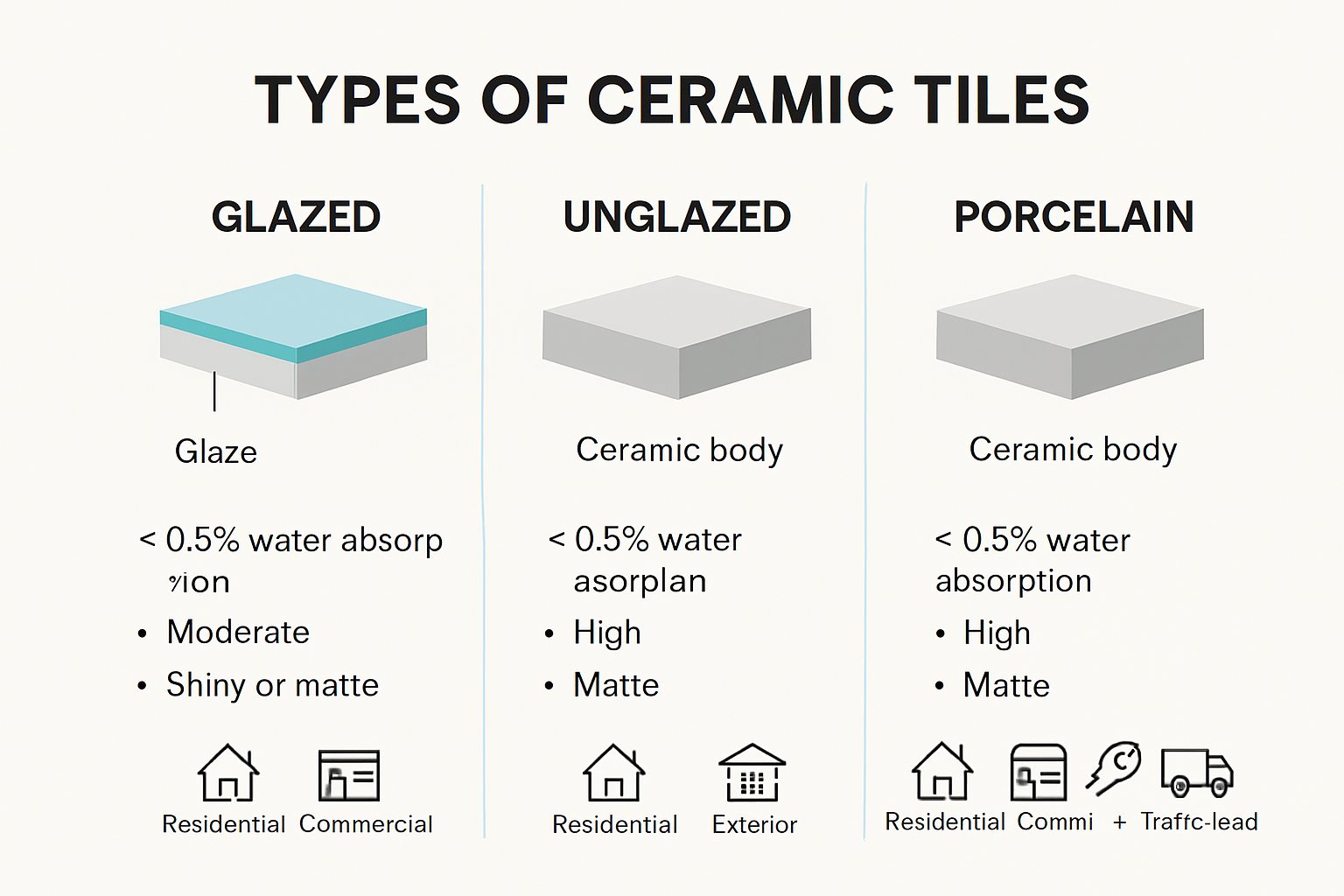 Infographic comparing types of ceramic tiles and their properties
