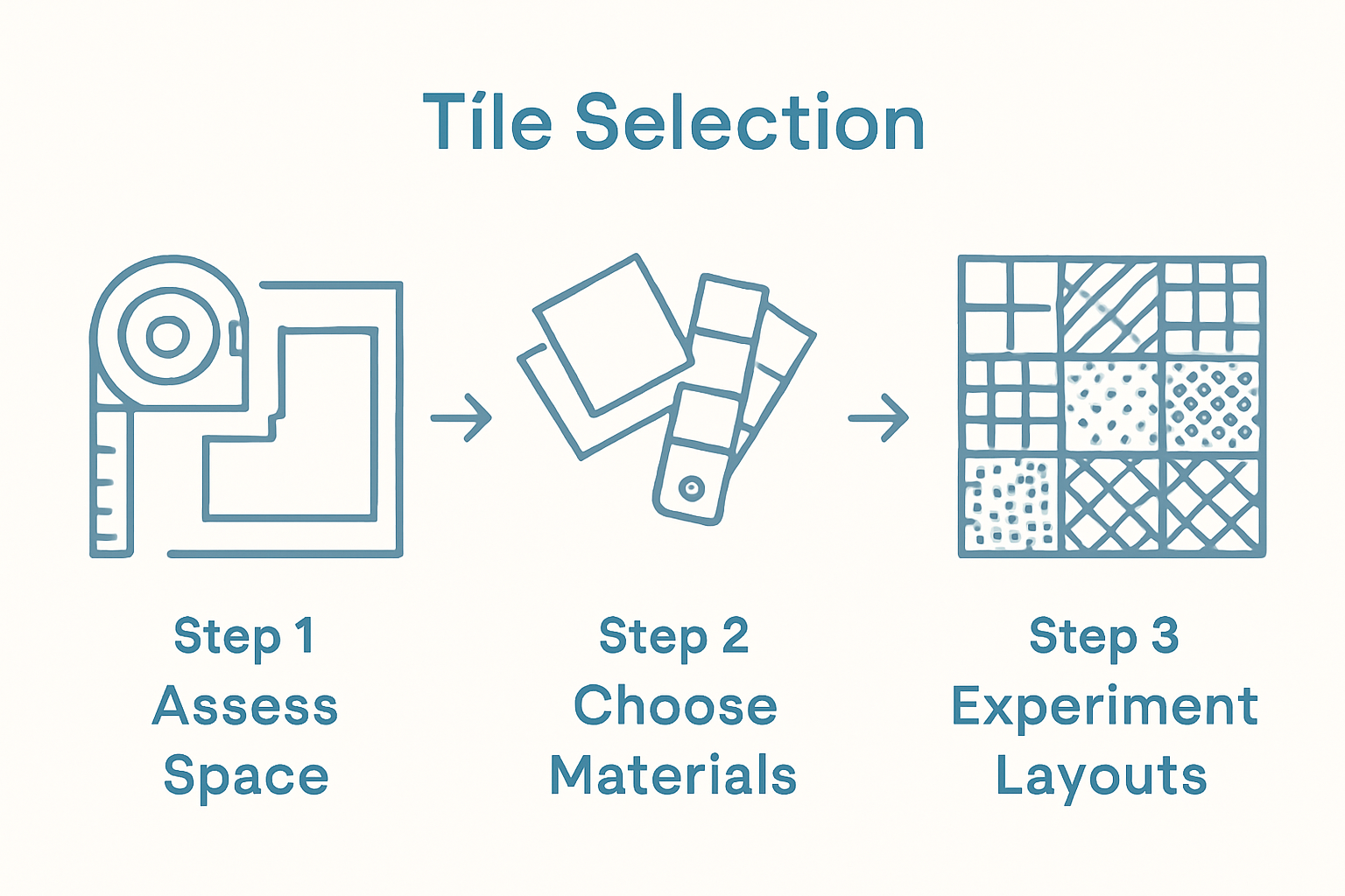 Three illustrated steps for mixing tile patterns: assess space, choose materials, layout patterns.