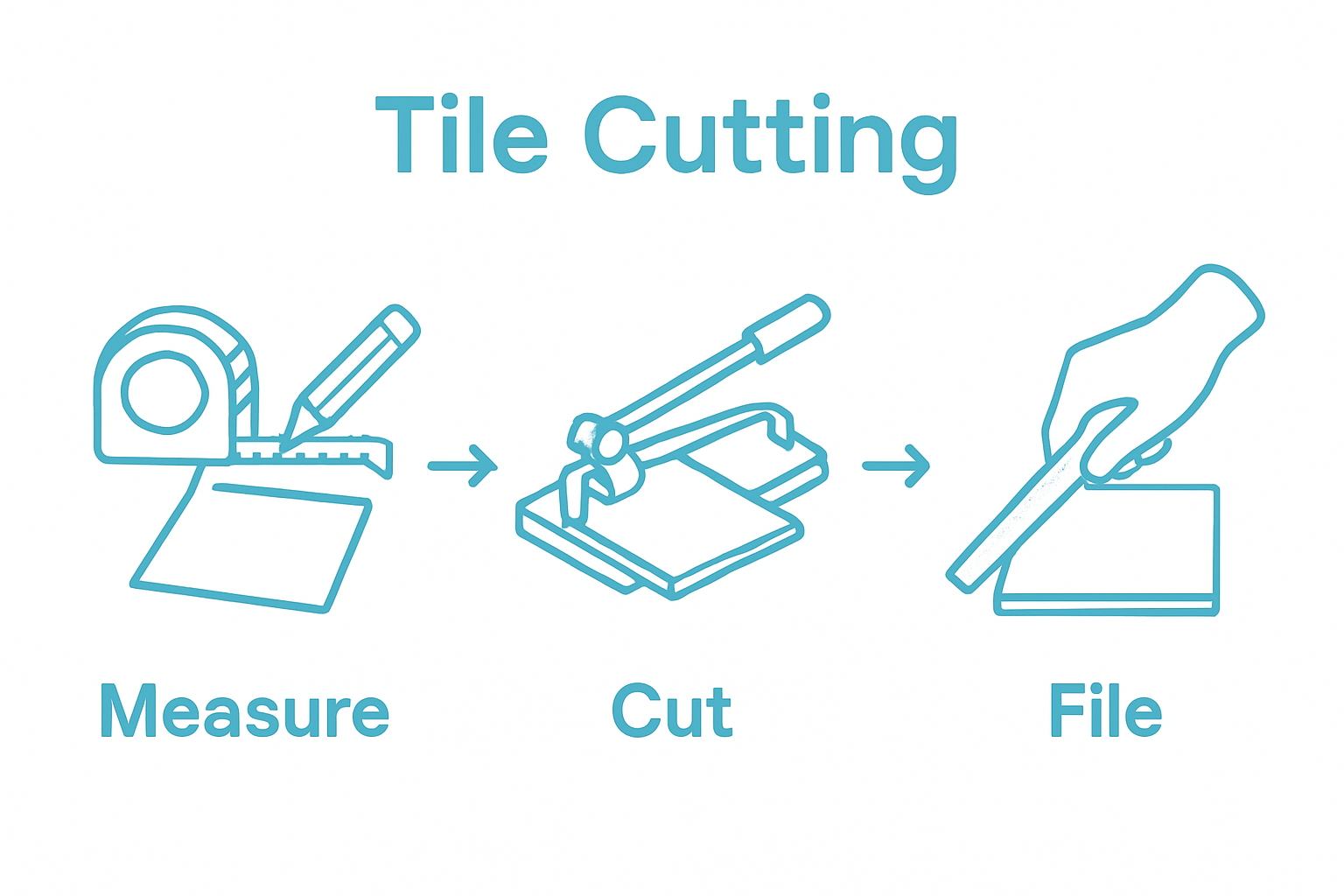 Three-step tile cutting workflow: measure, cut, smooth