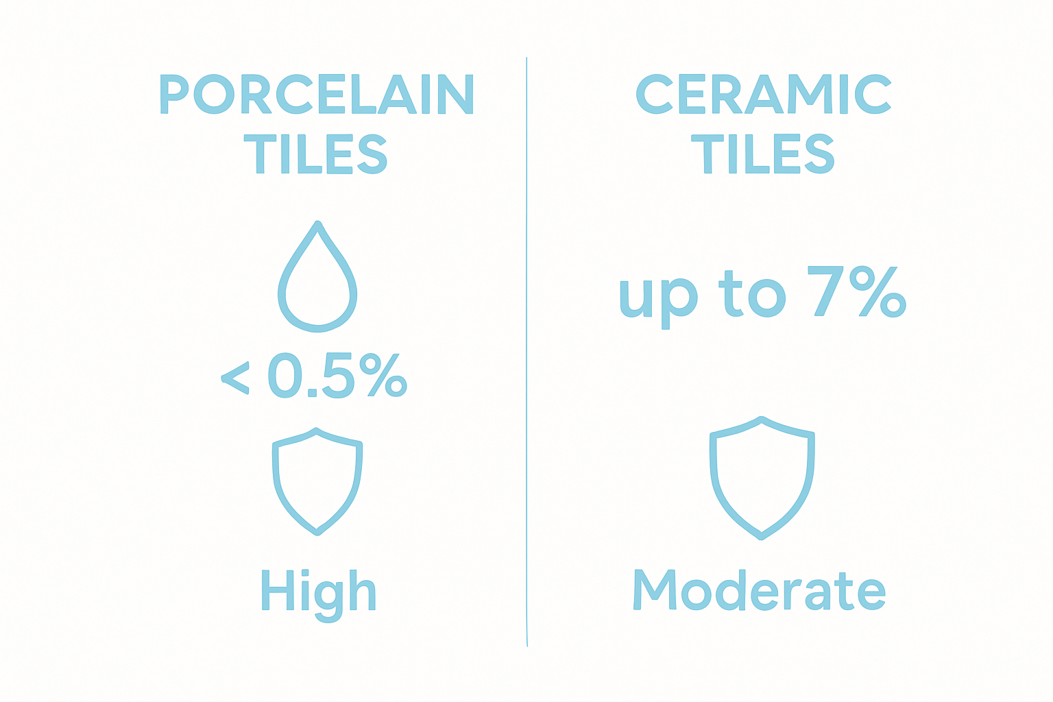 Infographic comparing porcelain and ceramic tile features with icons