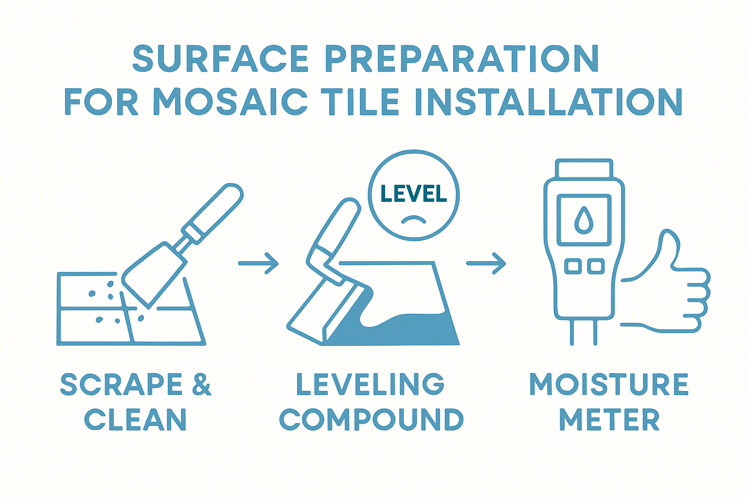 Infographic shows three steps to prepare a surface for mosaic tile installation