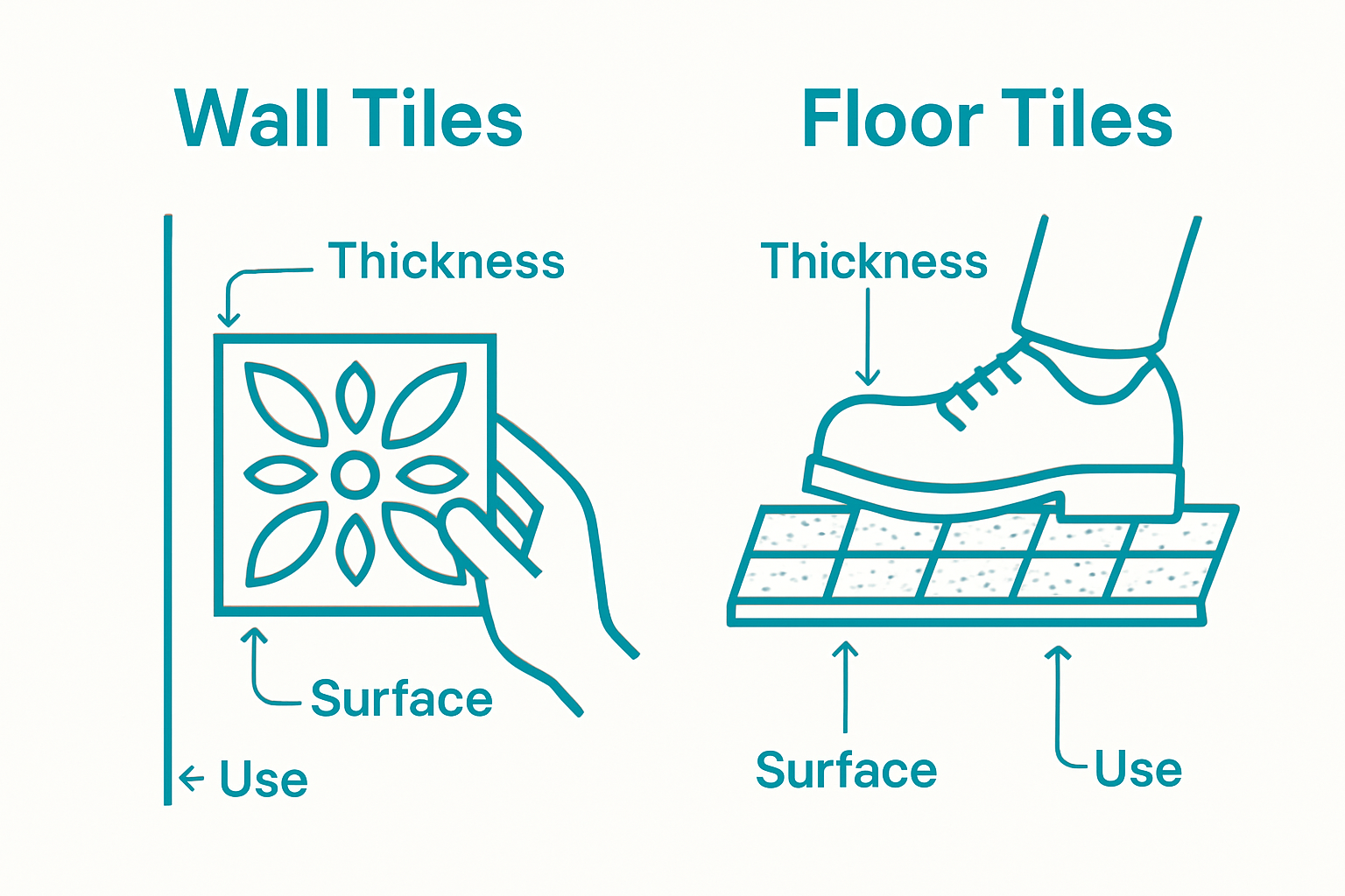 Wall vs. floor tile infographic showing thickness, use, and texture