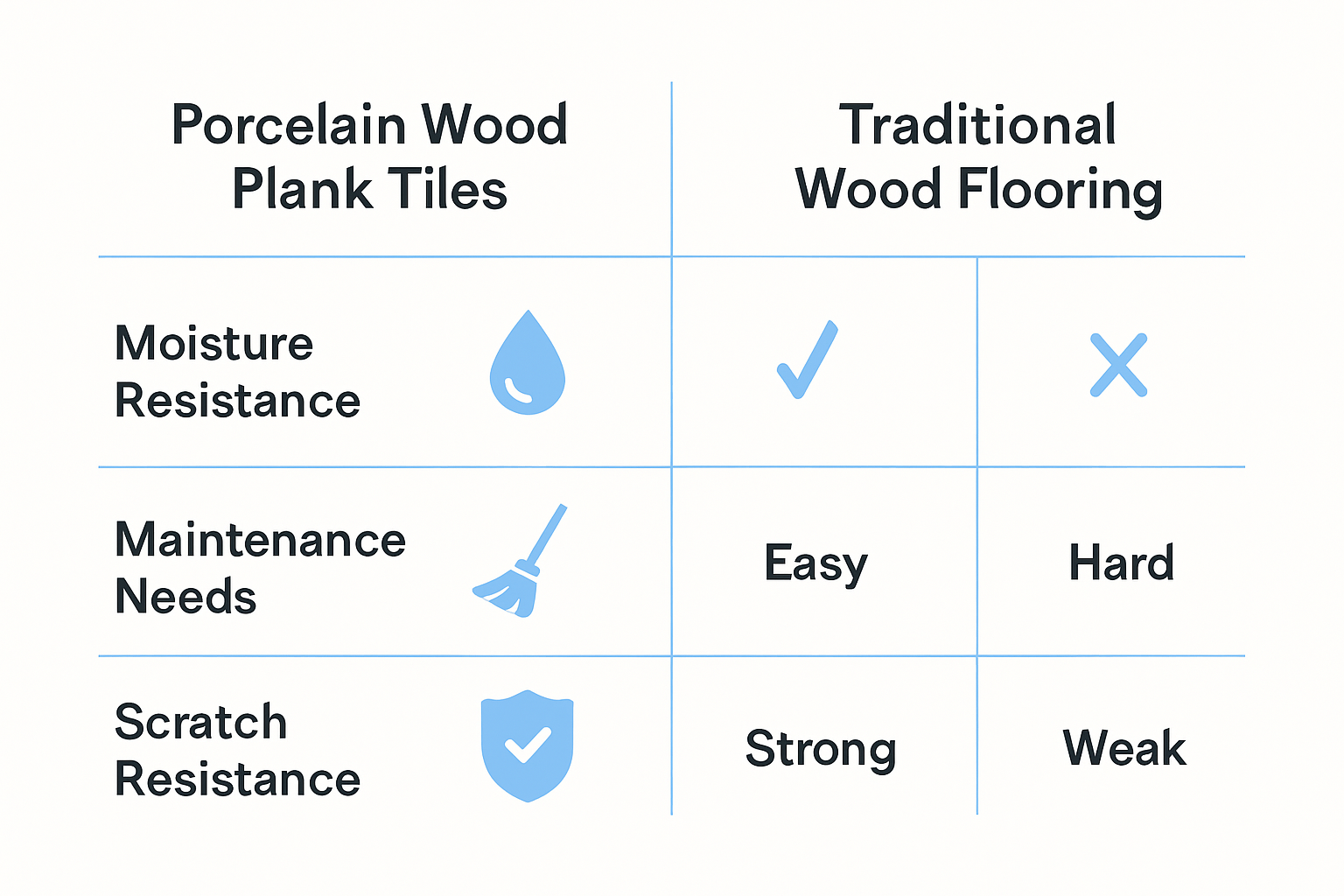 Infographic comparing porcelain wood plank tiles and traditional wood flooring on durability, resistance, and maintenance