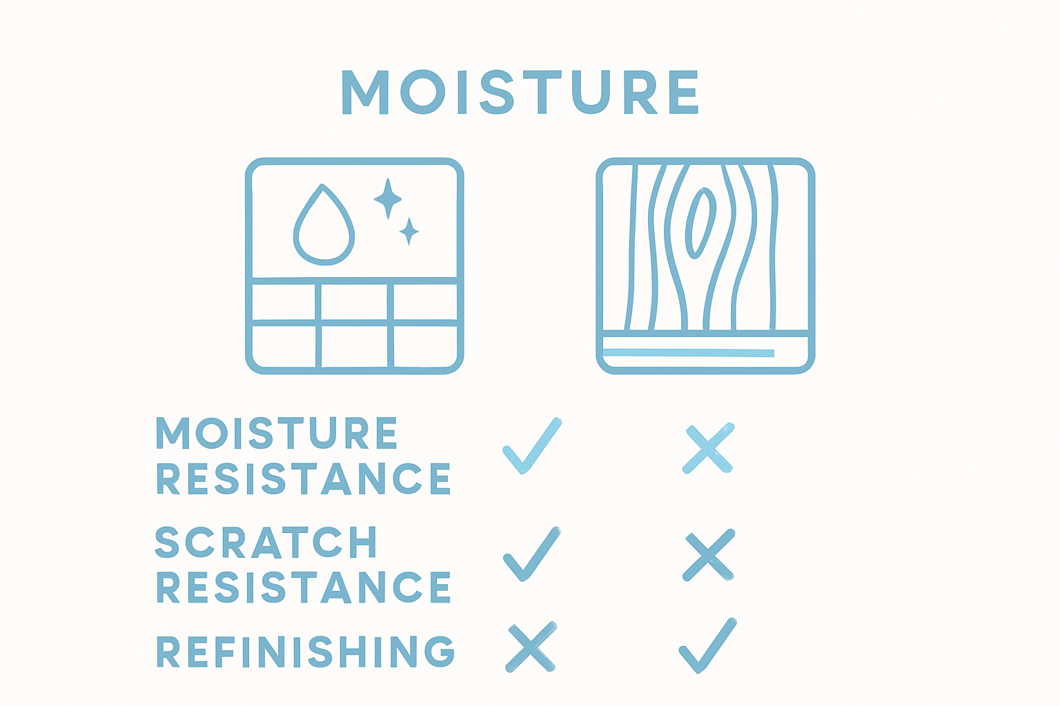Tile vs hardwood infographic, icons compare moisture and scratch resistance