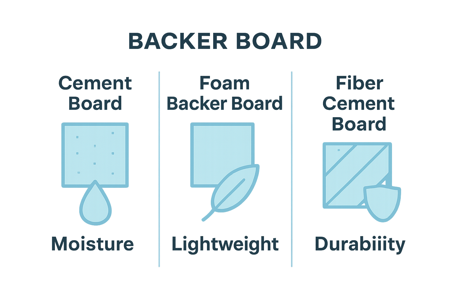 Infographic comparing cement, foam, and fiber cement backer boards