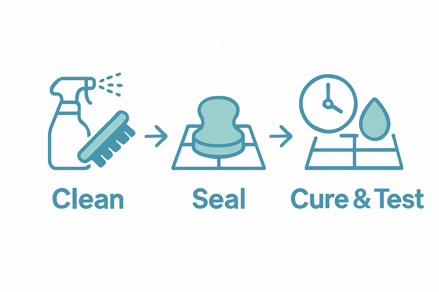 Three-step tile and grout sealing process infographic