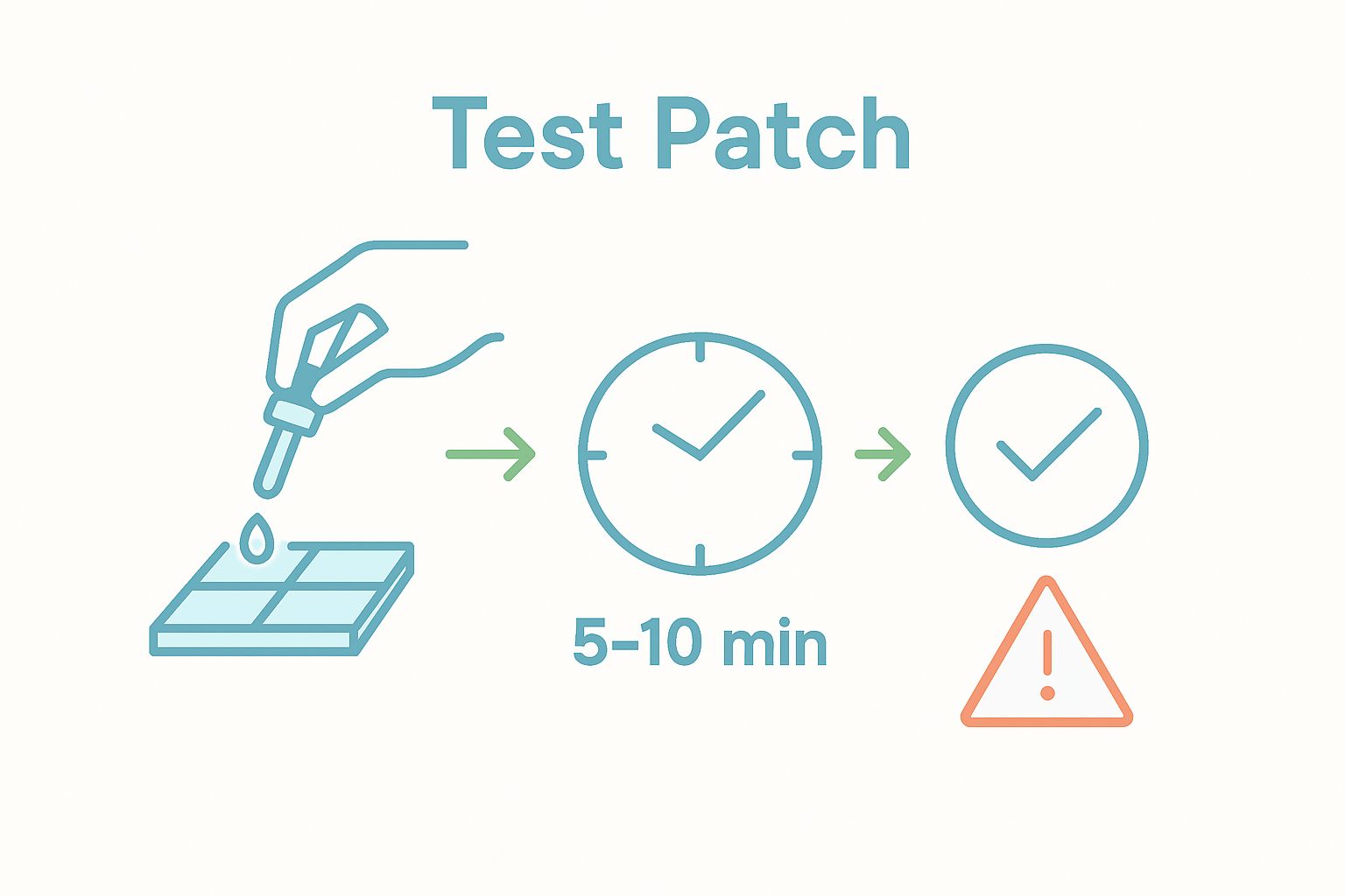 Infographic showing testing cleaning solution on small tile area, wait time, and inspect results