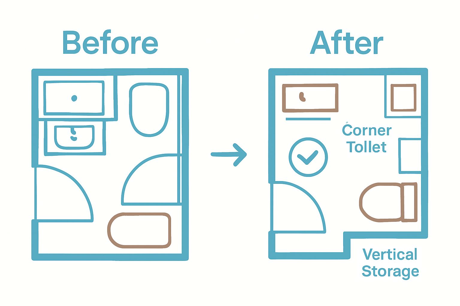 Before and after infographic of a small bathroom layout