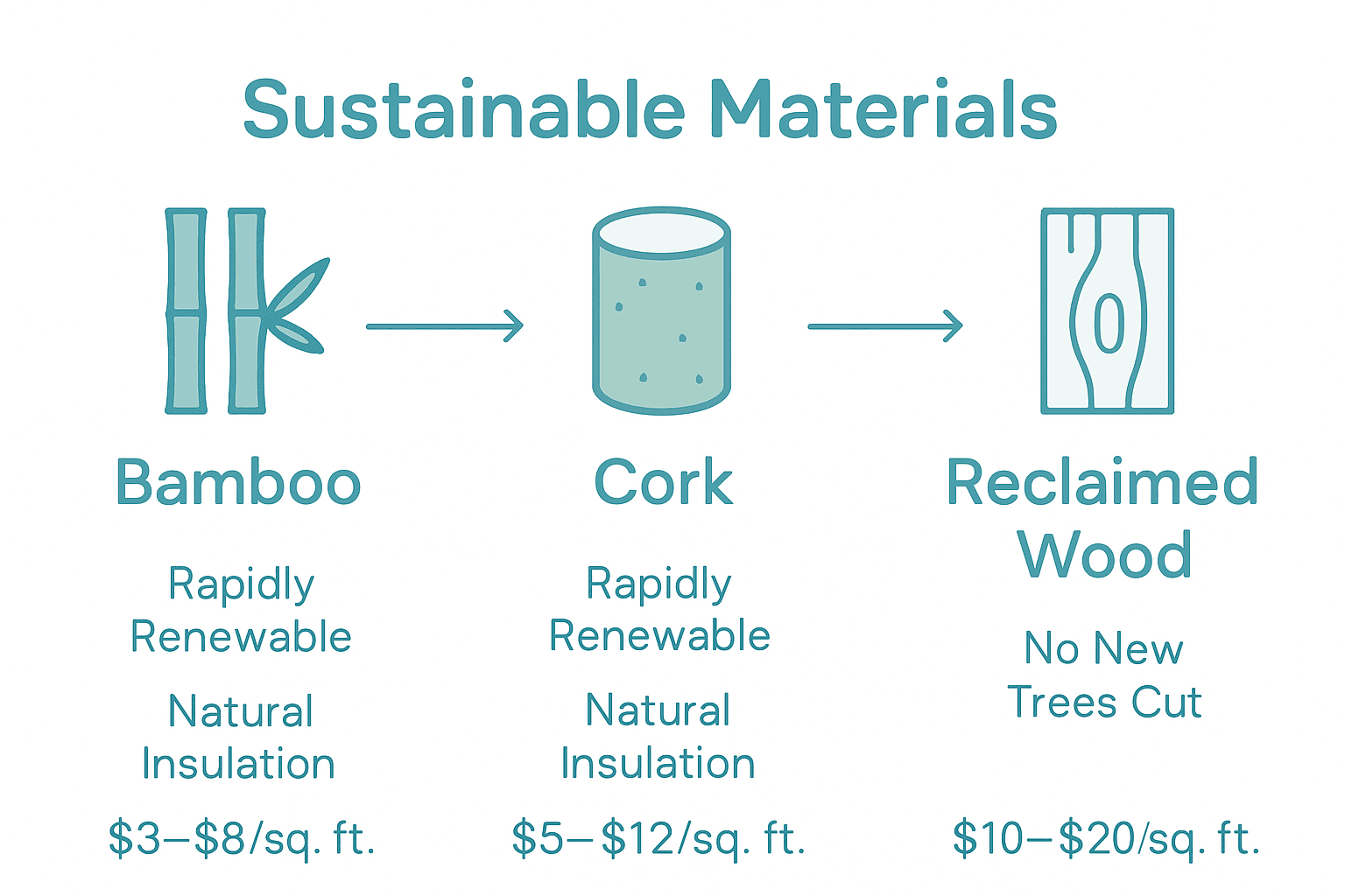 Infographic comparing bamboo, cork, and reclaimed wood for sustainable flooring.