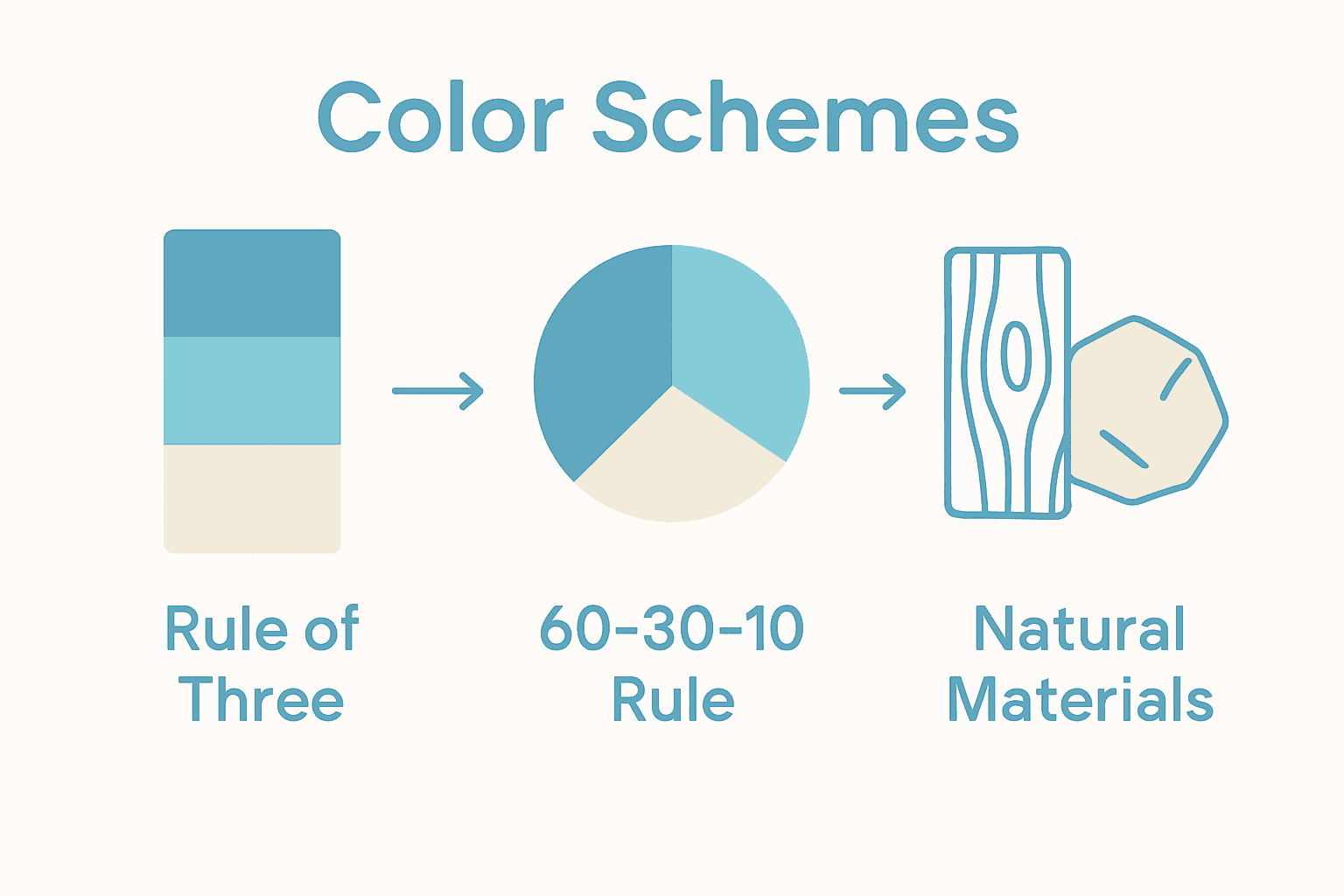 Infographic showing calming design principles: rule of three, 60-30-10, and natural materials.