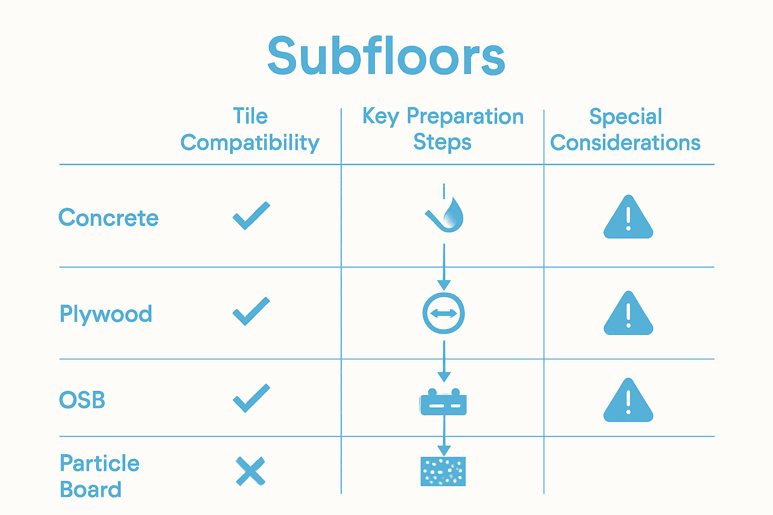 Infographic comparing tile subfloor types: concrete, plywood, OSB, and particle board, with preparation steps and compatibility icons.