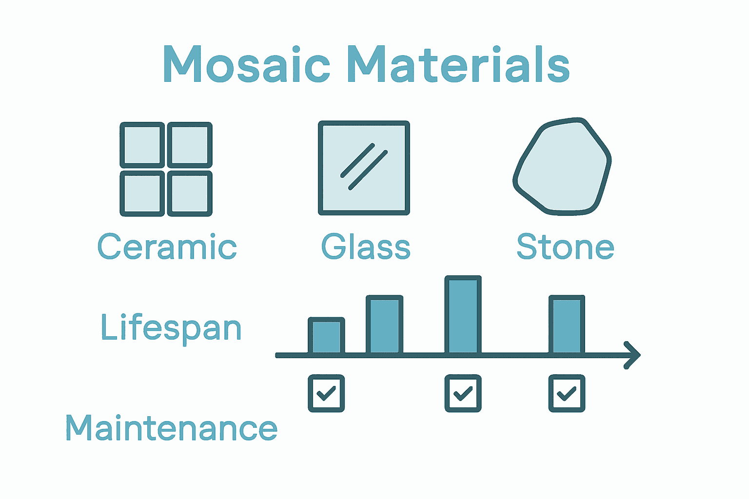 Infographic comparing durability and maintenance of ceramic, glass, and stone mosaic tiles.