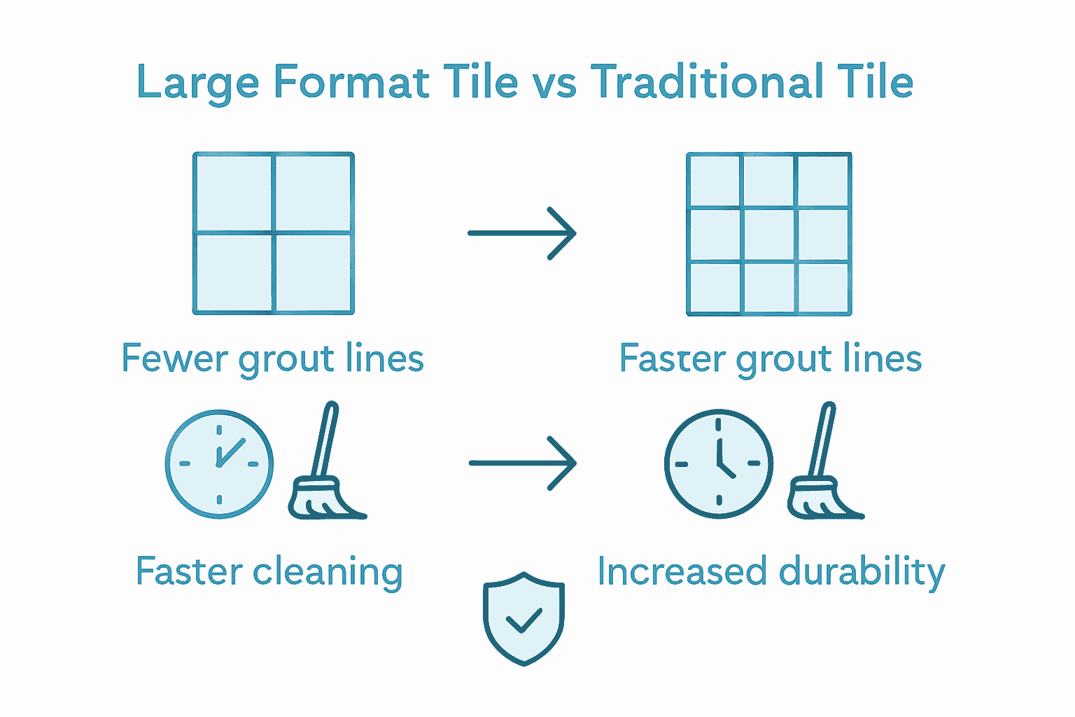 Infographic comparing large format tiles and traditional tiles: grout lines, cleaning ease, and durability.