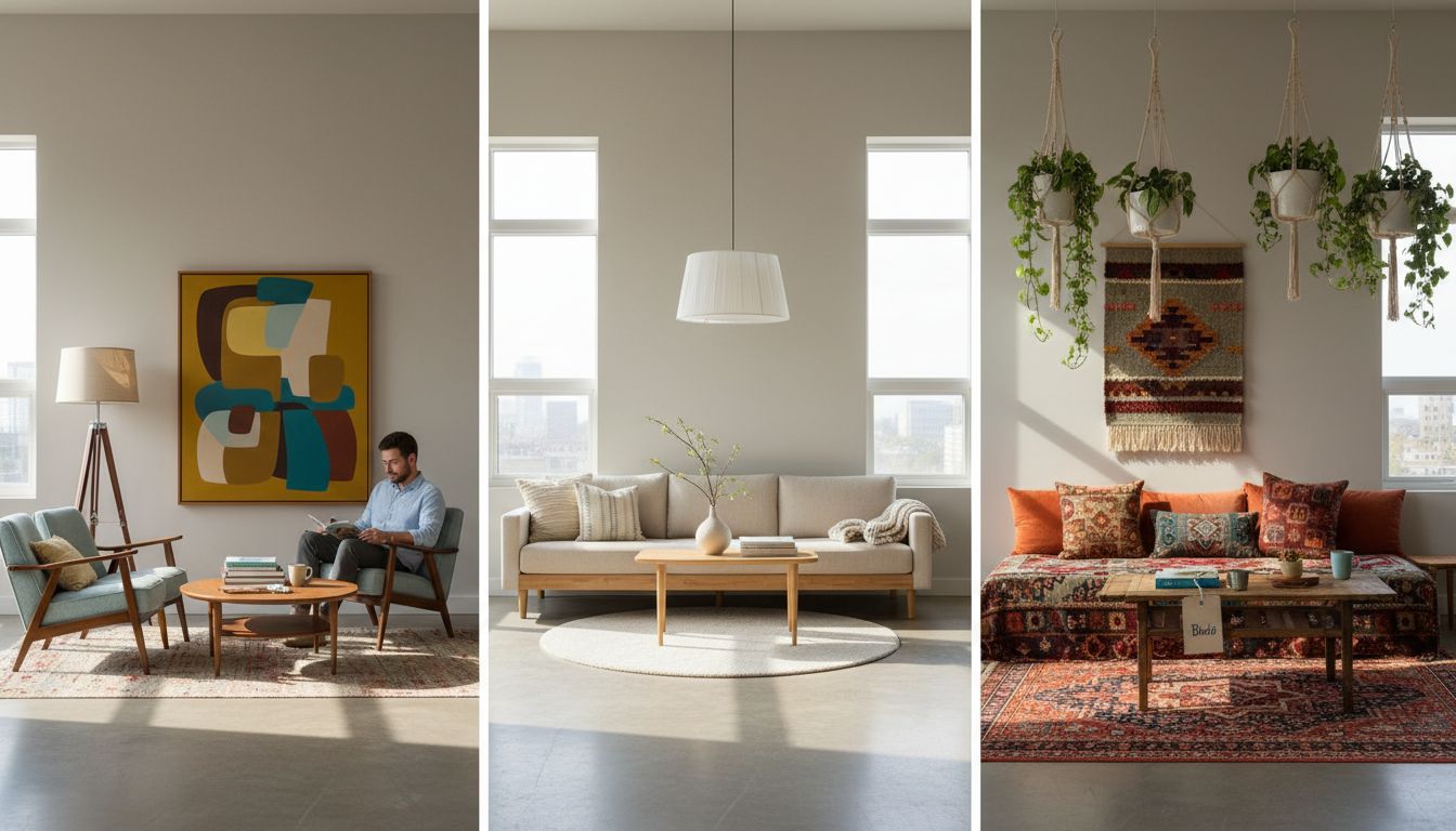 Three contrasting decorated interior style spaces