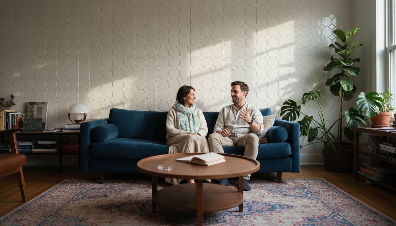 Accent wall with arabesque tiles in living room