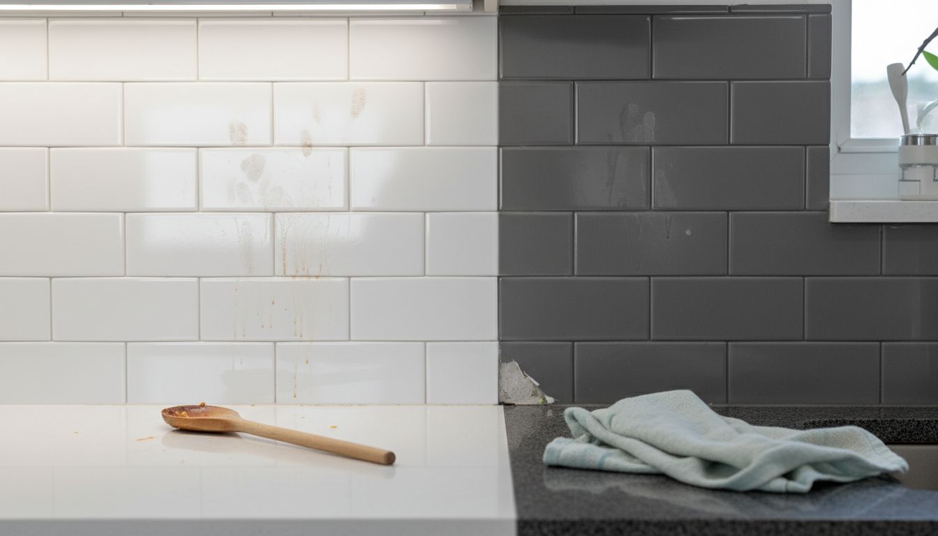 Side-by-side polished and matte kitchen tiles