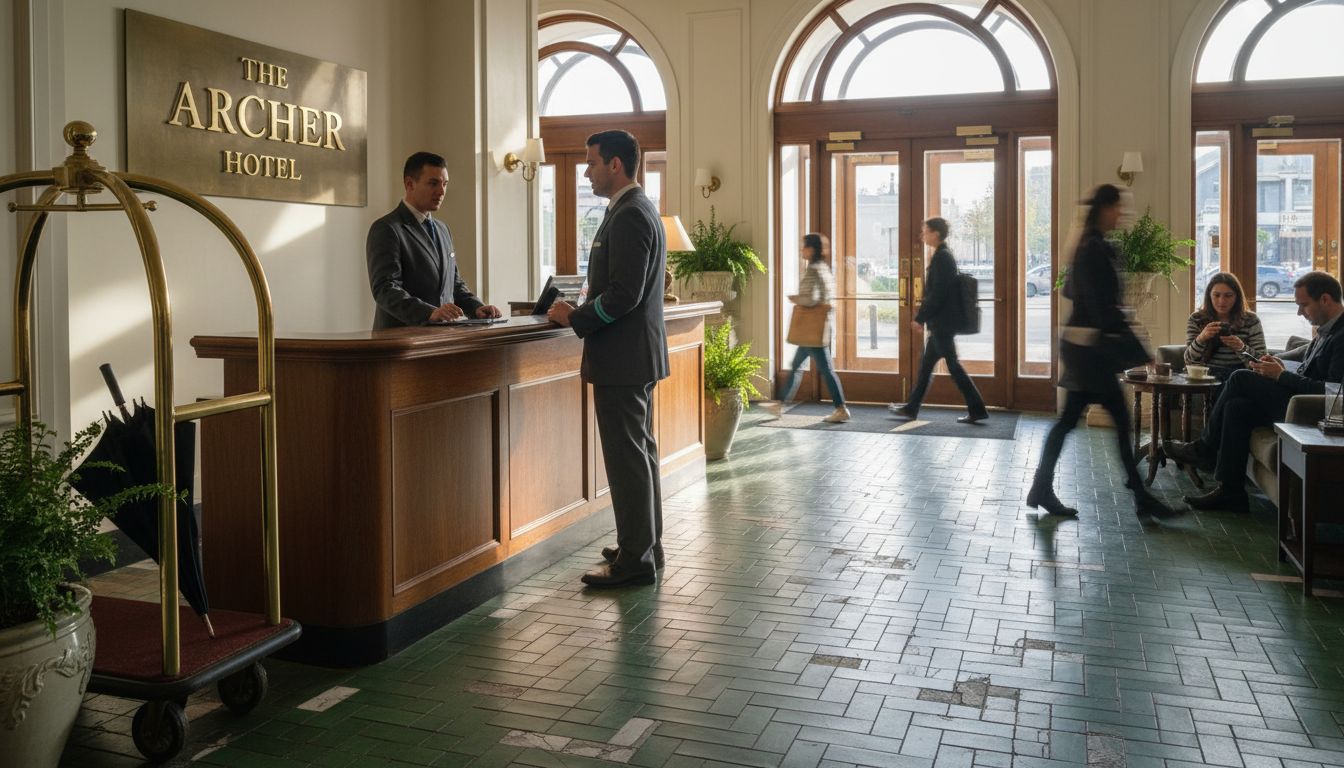 Green patterned tile floor in hotel lobby