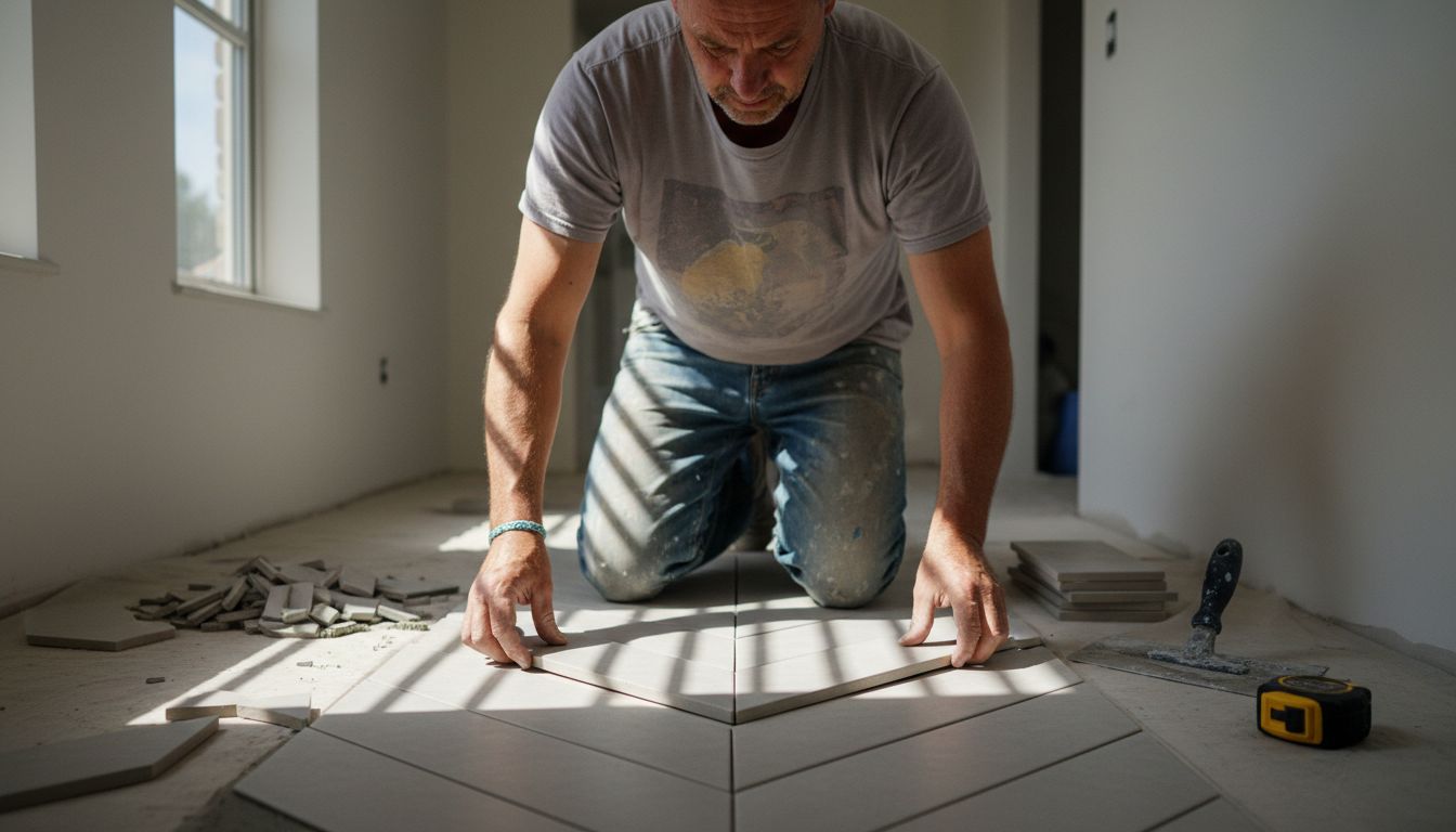Installer fitting chevron tiles at angle