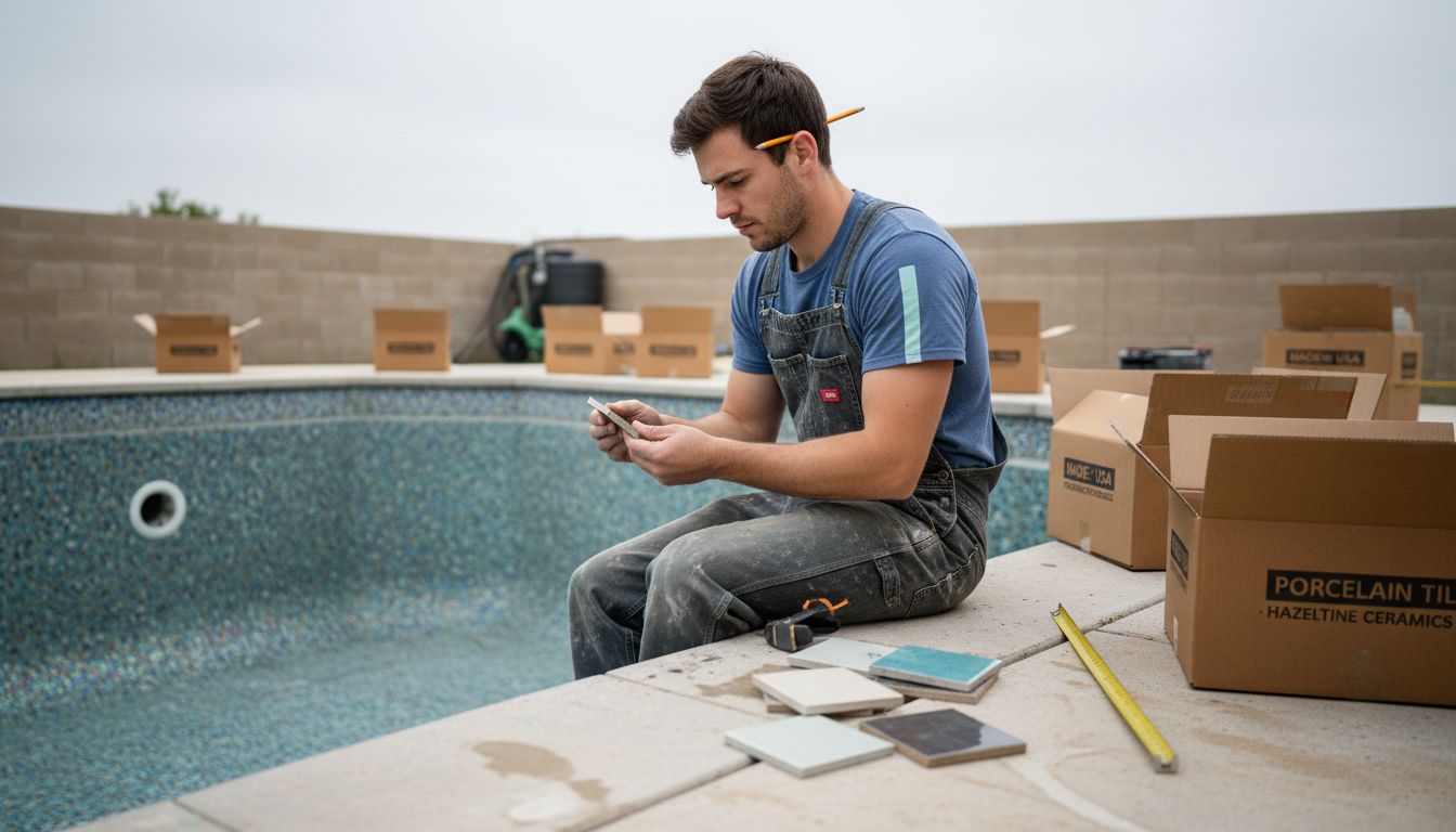 Installer inspecting ceramic pool tile samples