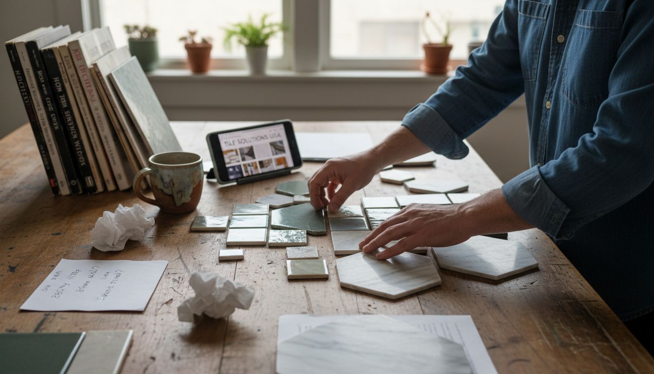 Designer arranges tile samples on table