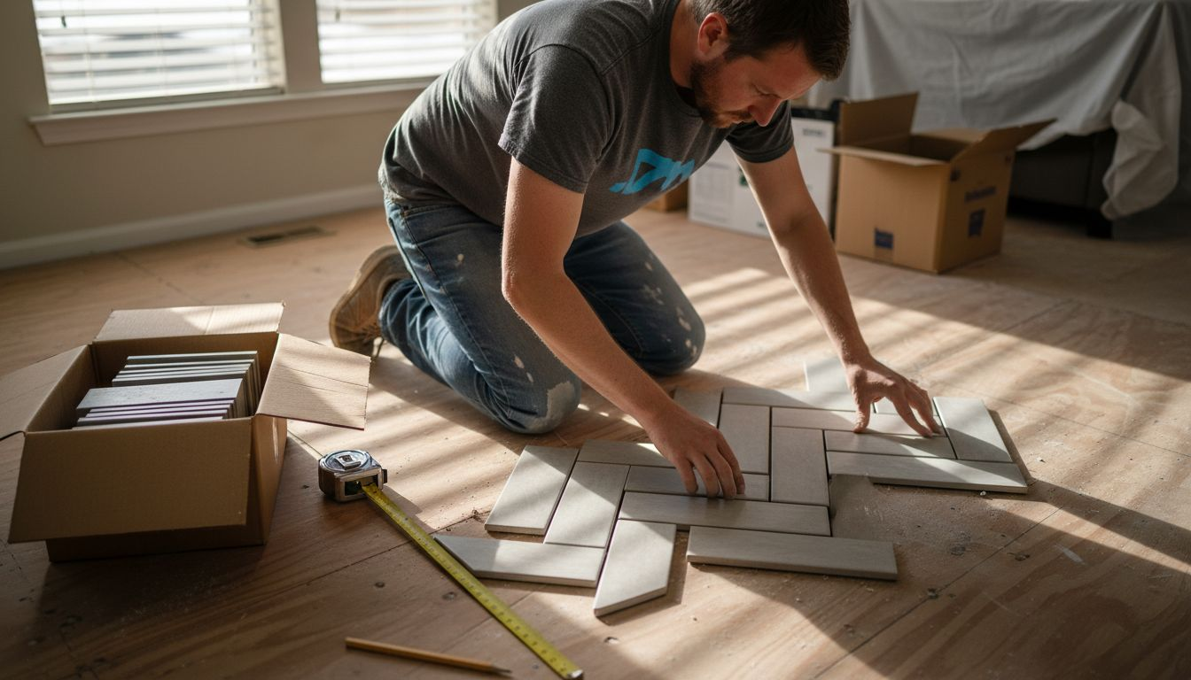 Homeowner arranging tiles in herringbone pattern