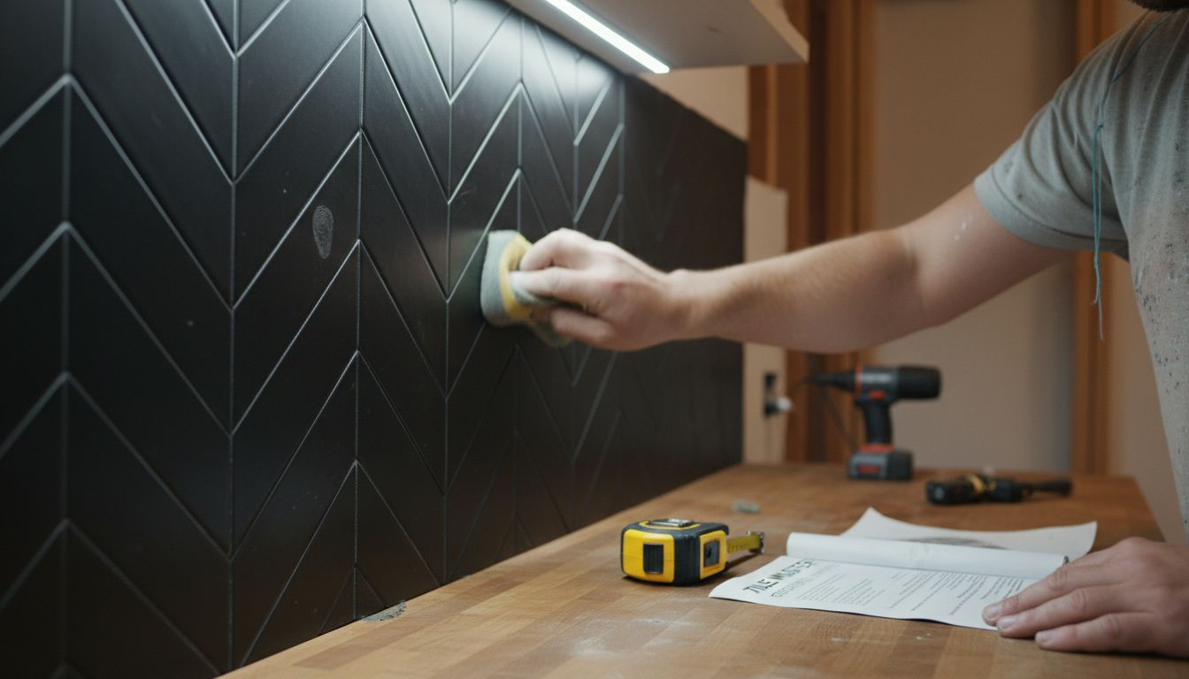Installer cleaning black herringbone tile backsplash