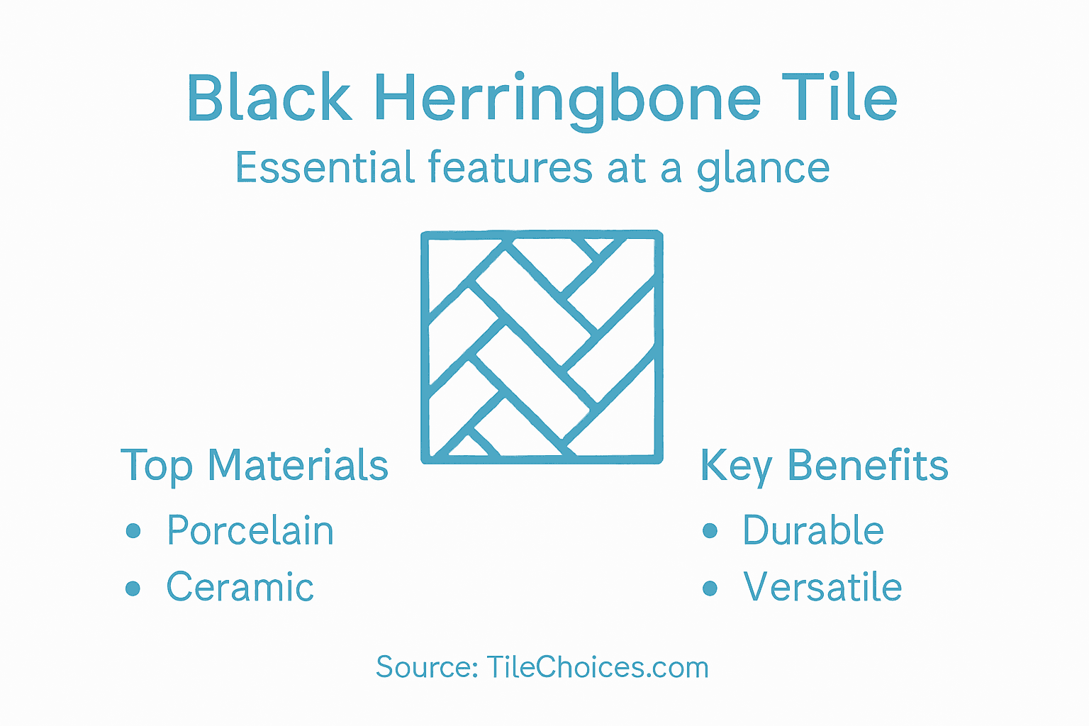 Infographic summarizing black herringbone tile features